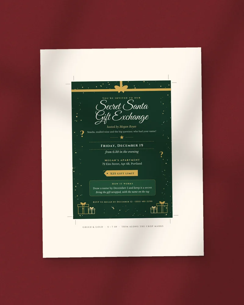Editable Secret Santa Invitation: the cover, printed