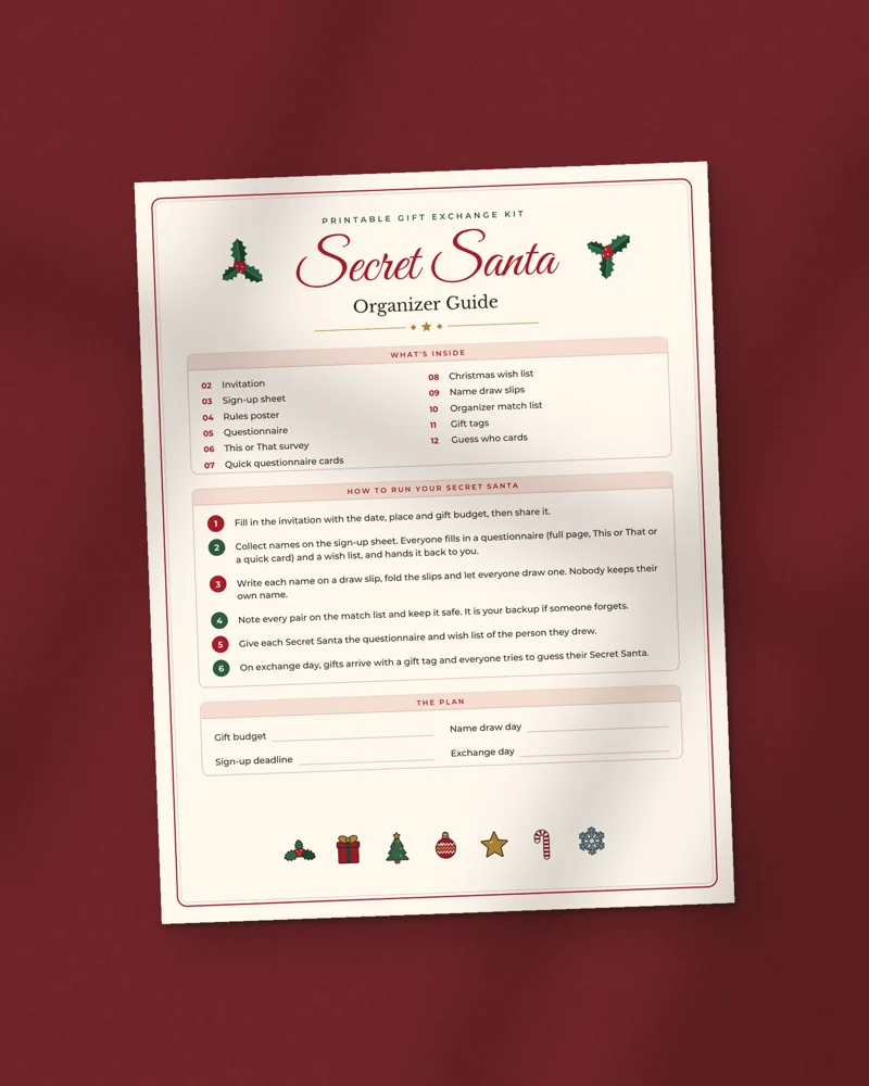 Secret Santa Questionnaire and Gift Exchange Kit: the cover, printed