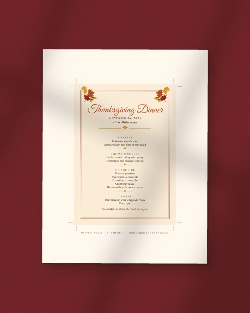 Editable Thanksgiving Menu, Place Cards and Thankful Cards: the cover, printed