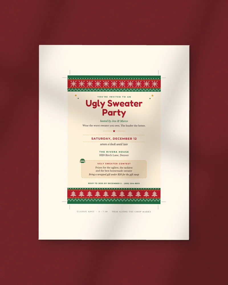 Editable Ugly Sweater Party Invitation: the cover, printed