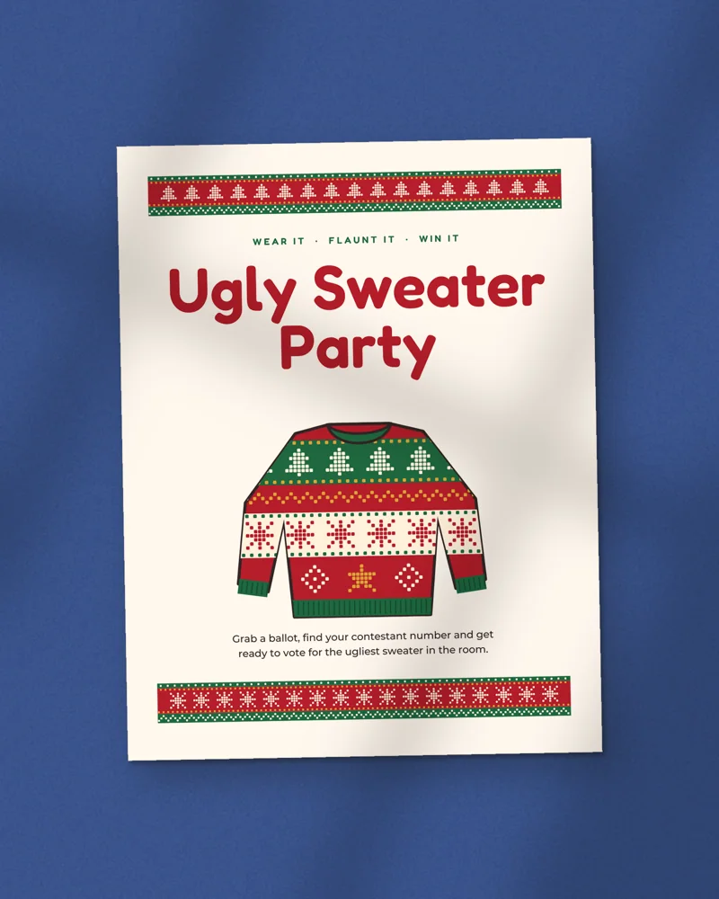 Ugly Sweater Party Games and Contest Kit: the cover, printed