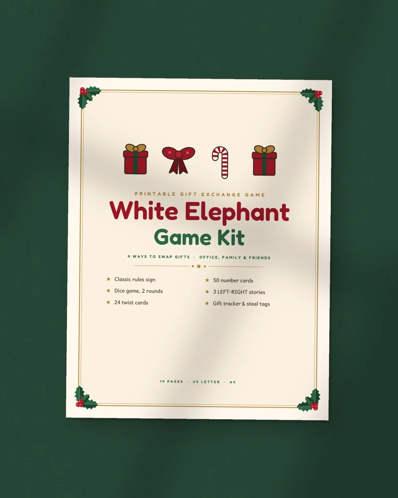 White Elephant Gift Exchange Game Kit: the cover, printed