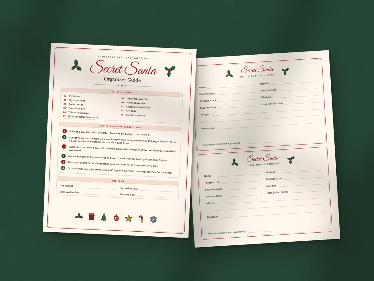 Secret Santa Questionnaire and Gift Exchange Kit: printed pages