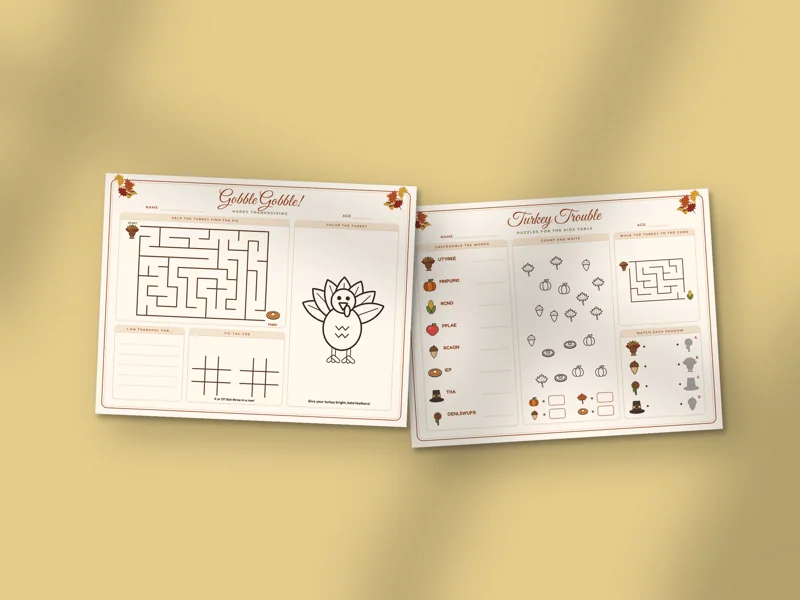Thanksgiving Kids Activity Placemats: printed pages