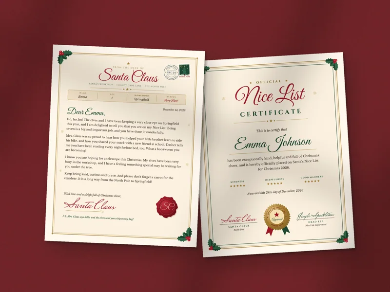 Editable Letter from Santa with Nice List Certificate: printed pages
