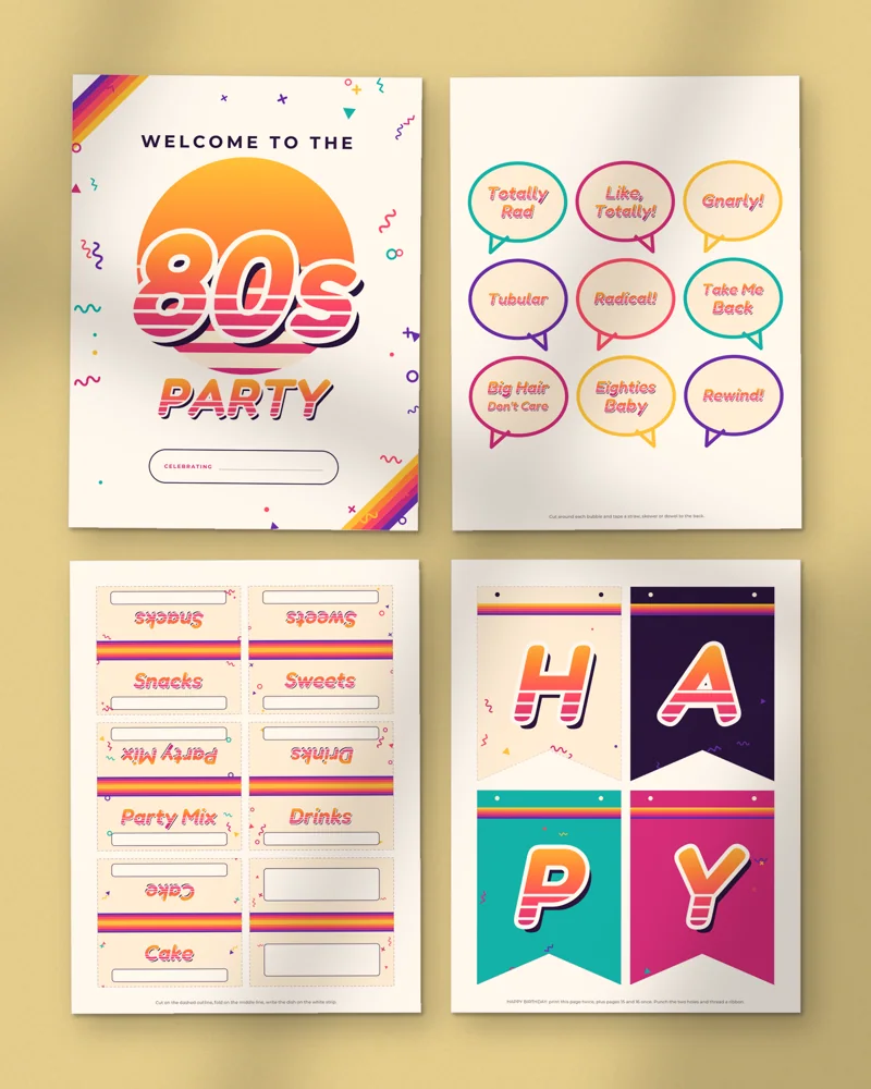 80s Retro Party Kit: a selection of the pages inside
