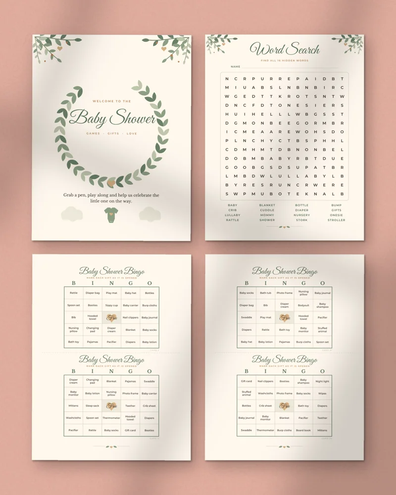 Baby Shower Games Bundle: a selection of the pages inside