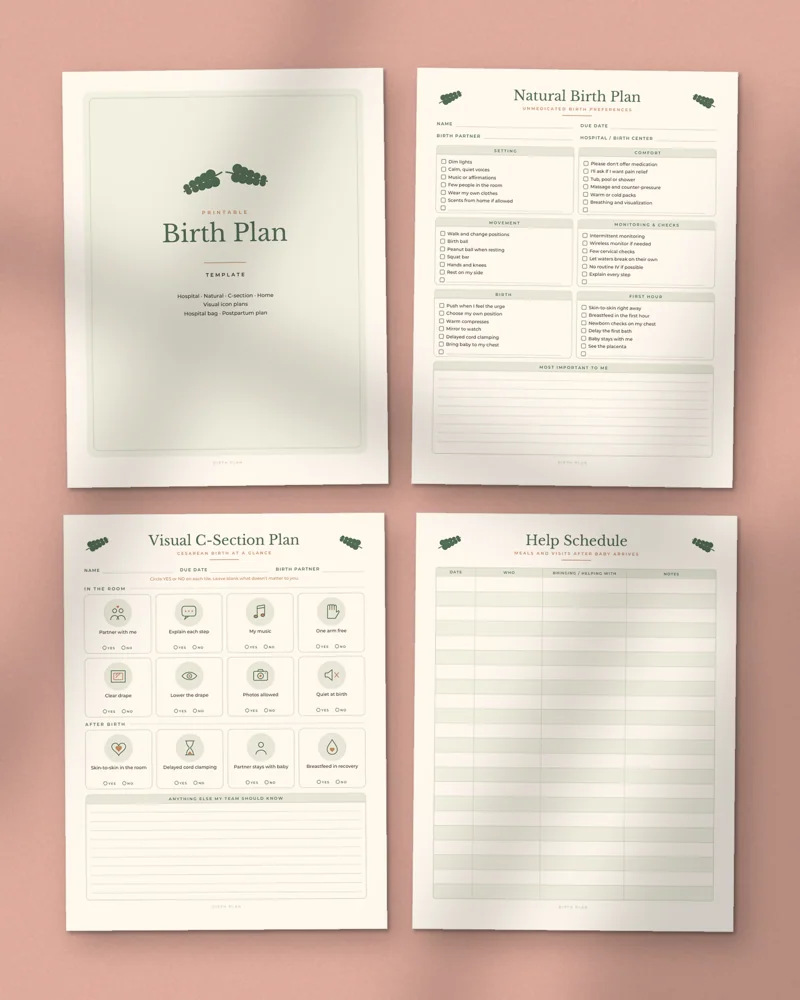 Birth Plan Template: a selection of the pages inside