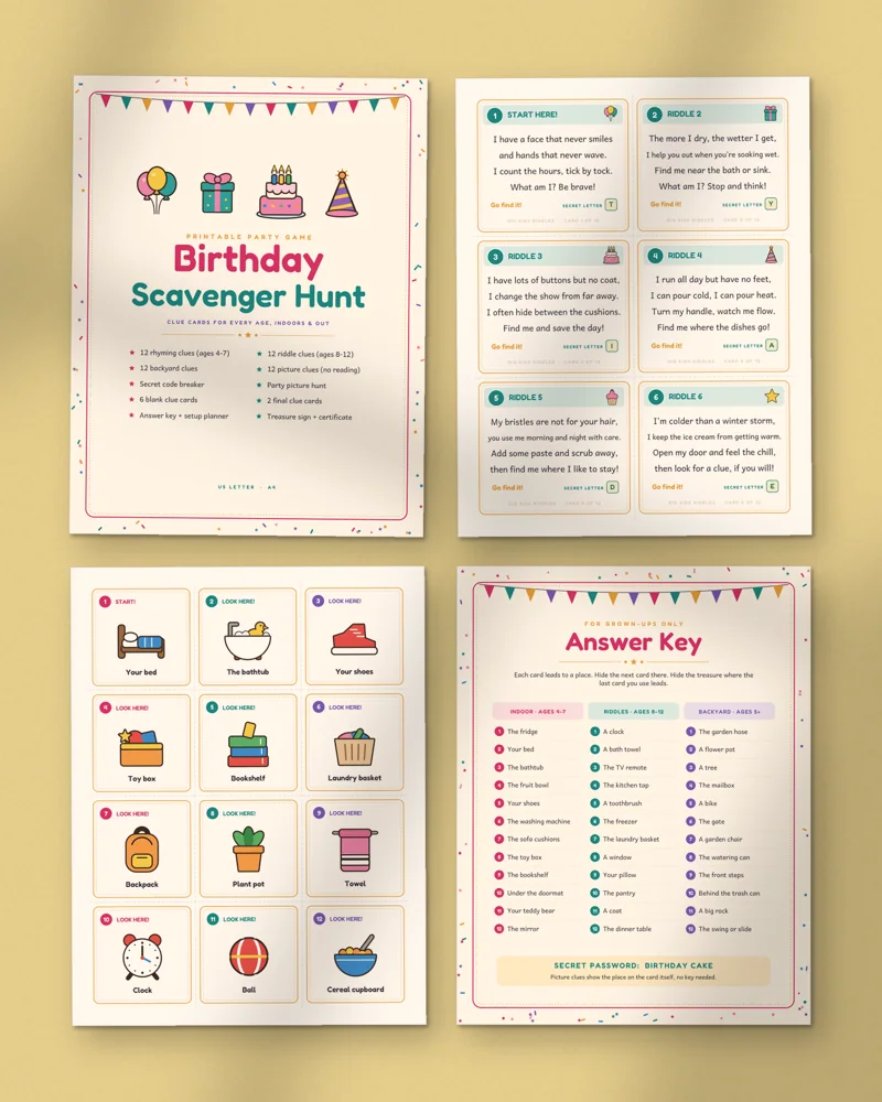 Birthday Scavenger Hunt for Kids: a selection of the pages inside