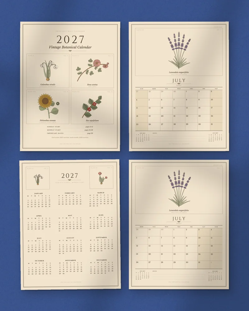 2027 Vintage Botanical Calendar: a selection of the pages inside