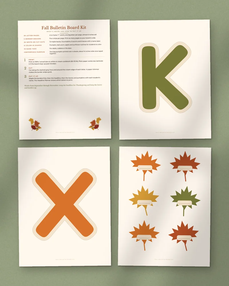 Fall Bulletin Board Kit: a selection of the pages inside