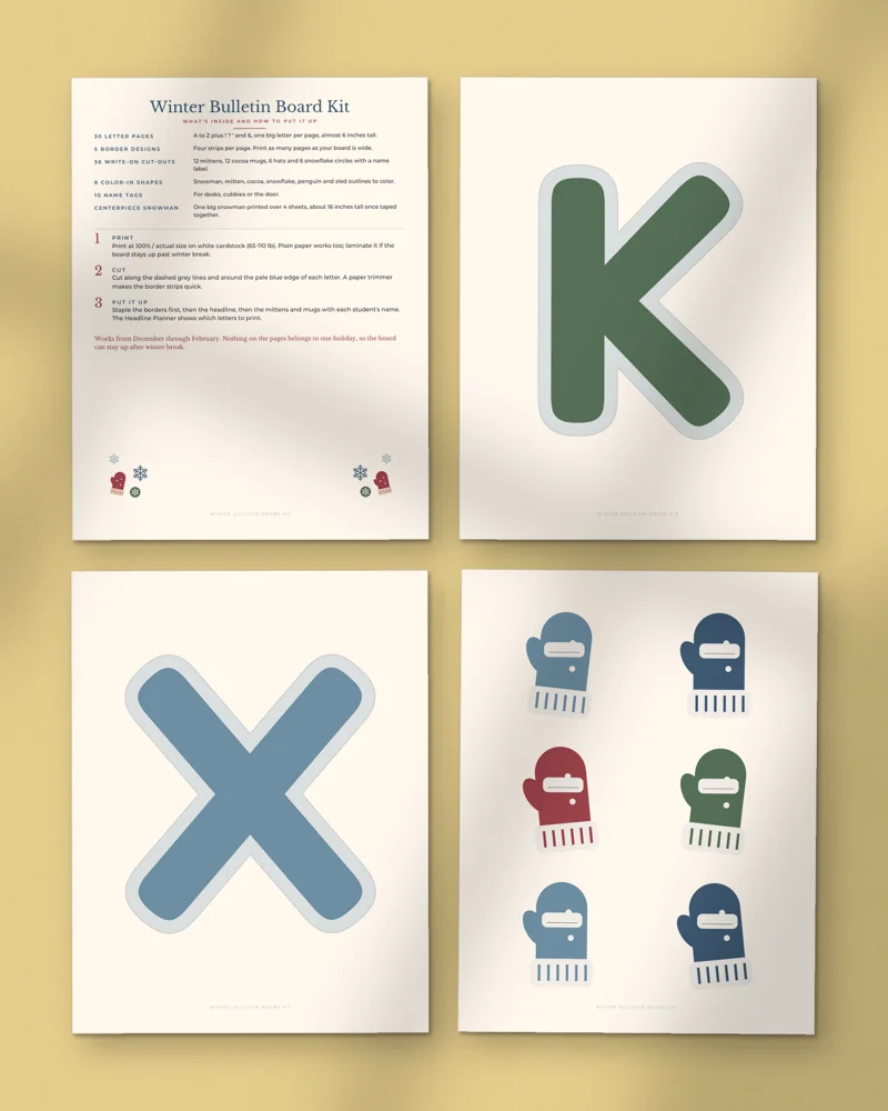 Winter Bulletin Board Kit: a selection of the pages inside