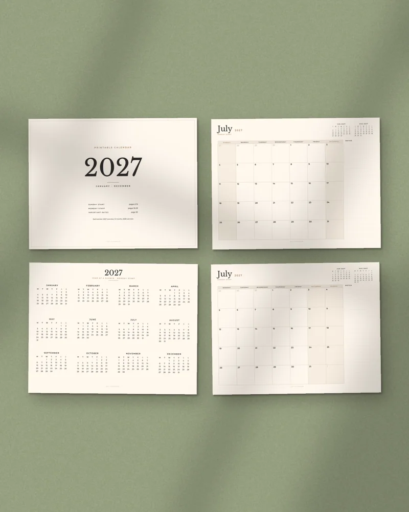 Minimal 2027 Calendar: a selection of the pages inside