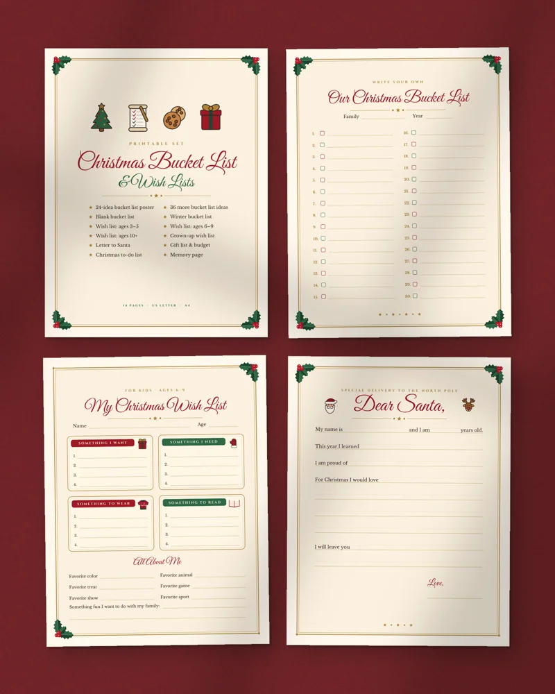 Christmas Bucket List and Family Wish Lists: a selection of the pages inside