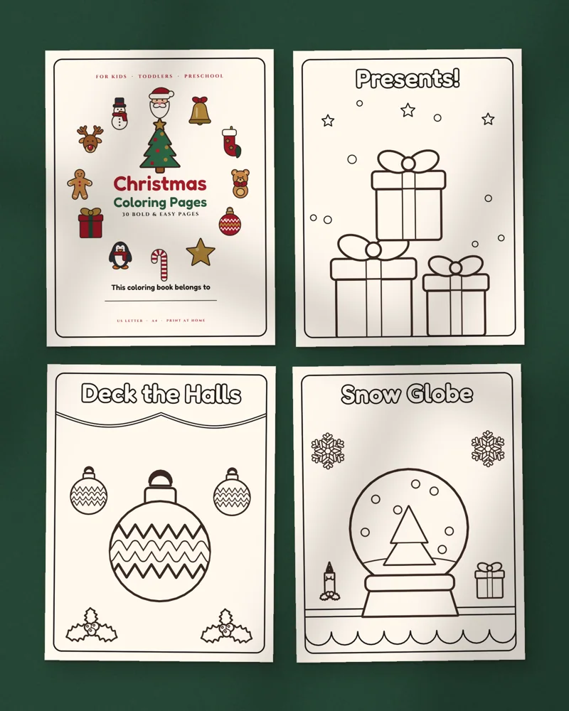 Bold and Easy Christmas Coloring Pages: a selection of the pages inside
