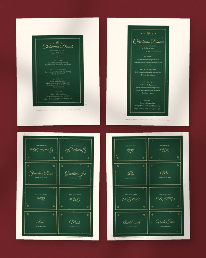 Editable Christmas Dinner Menu and Place Cards: a selection of the pages inside