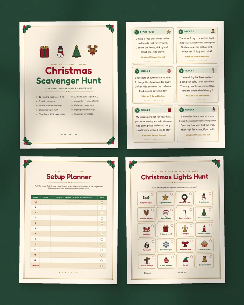 Christmas Scavenger Hunt for Kids: a selection of the pages inside