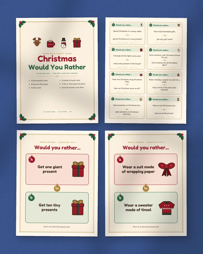 Christmas Would You Rather Game: a selection of the pages inside