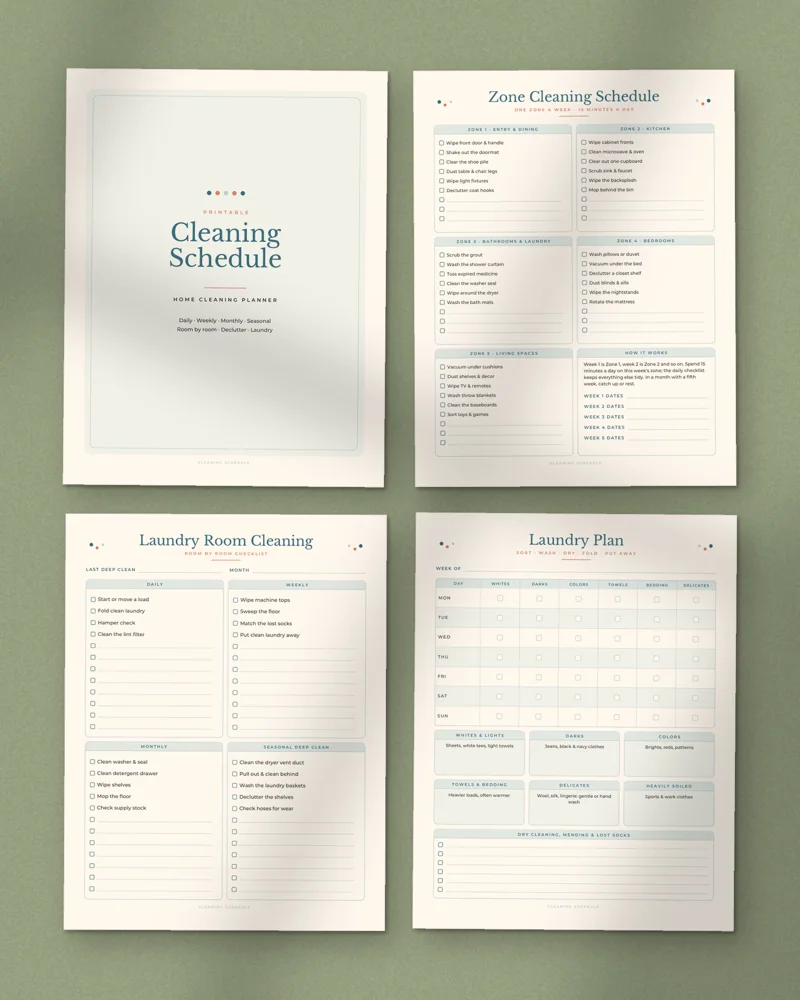Cleaning Schedule Printable Set: a selection of the pages inside