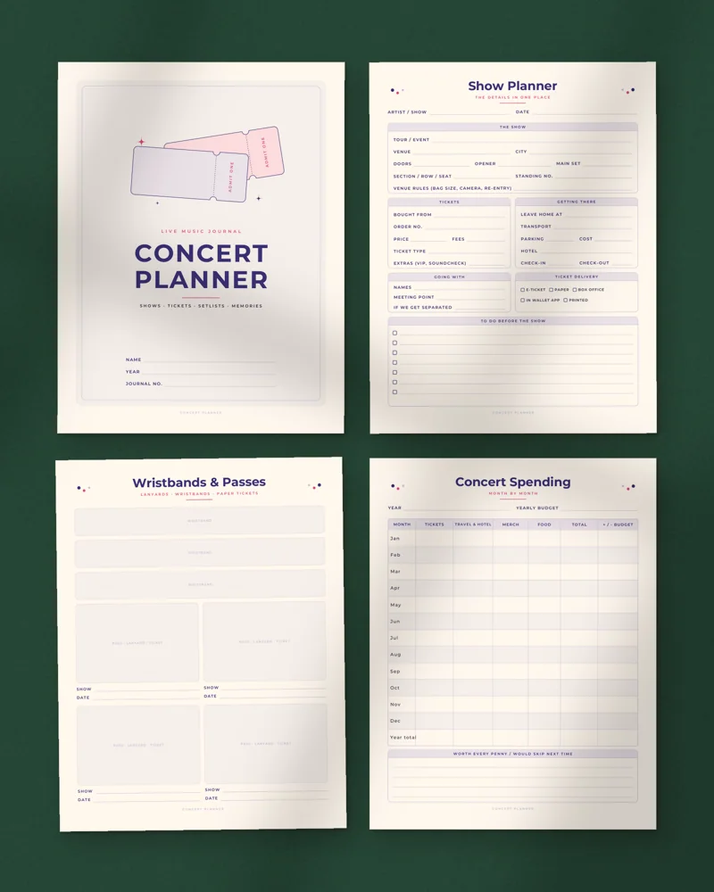 Concert Planner and Ticket Log: a selection of the pages inside