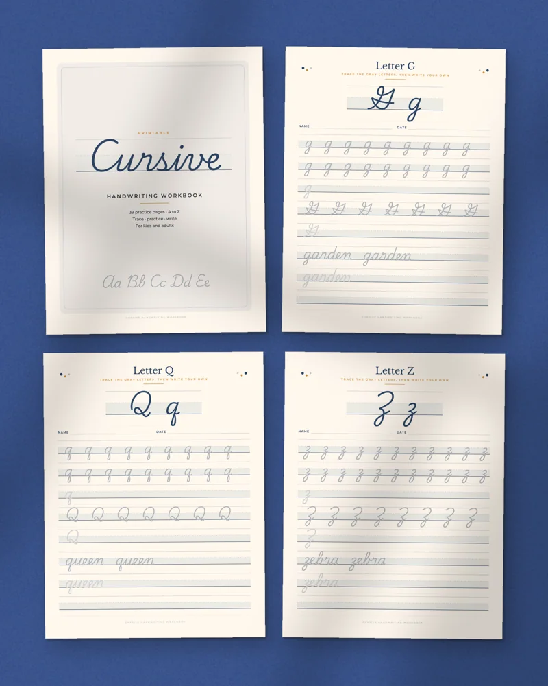 Cursive Handwriting Workbook: a selection of the pages inside