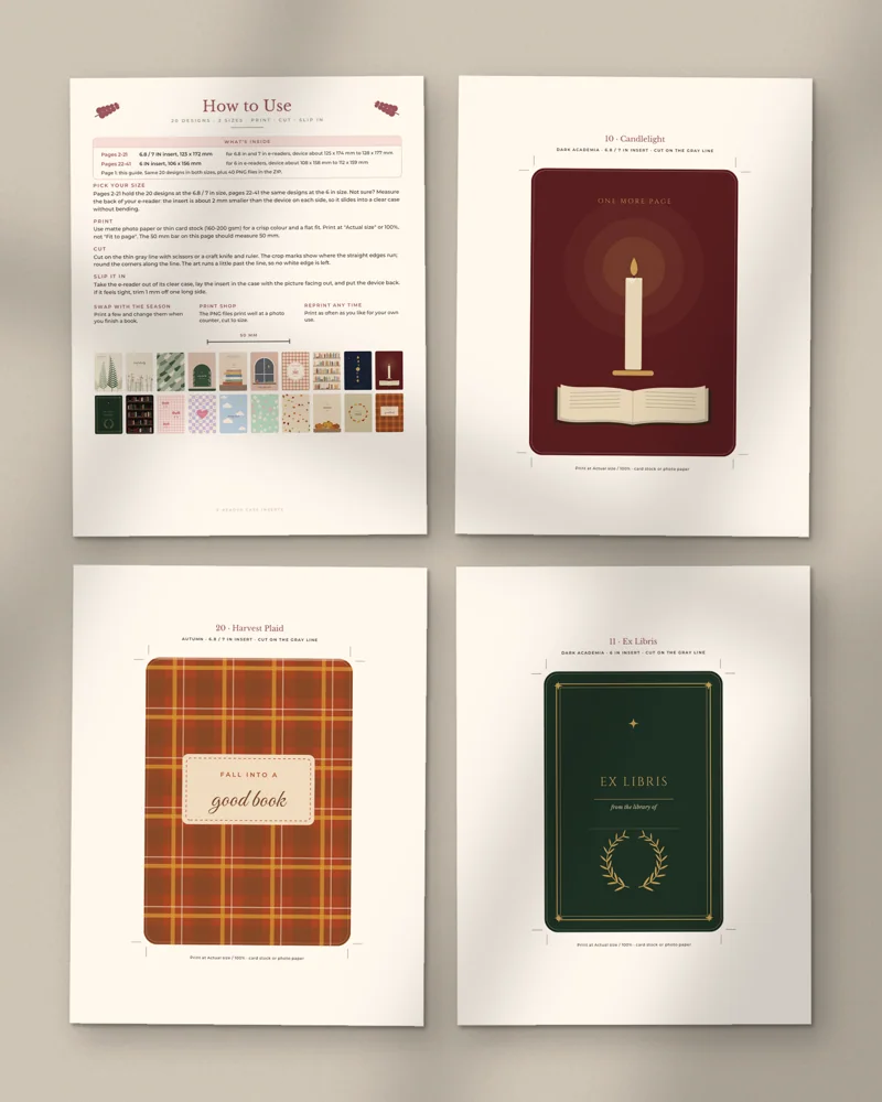 E-reader Case Inserts: a selection of the pages inside