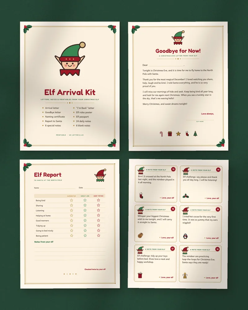 Elf Arrival Kit: a selection of the pages inside