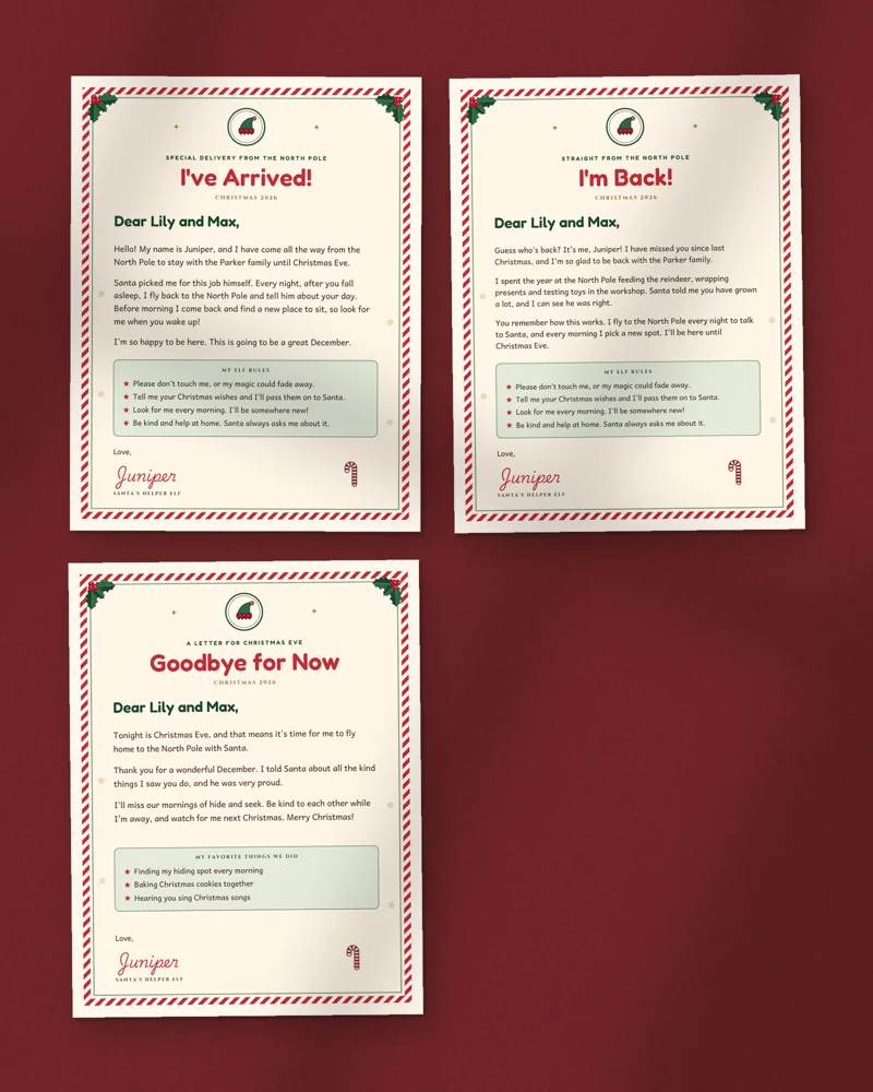 Editable Elf Arrival and Goodbye Letters: a selection of the pages inside