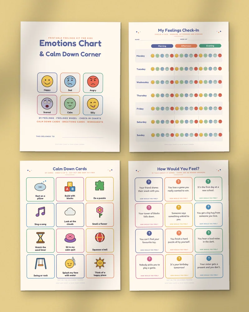 Emotions Chart and Calm Down Corner Kit: a selection of the pages inside