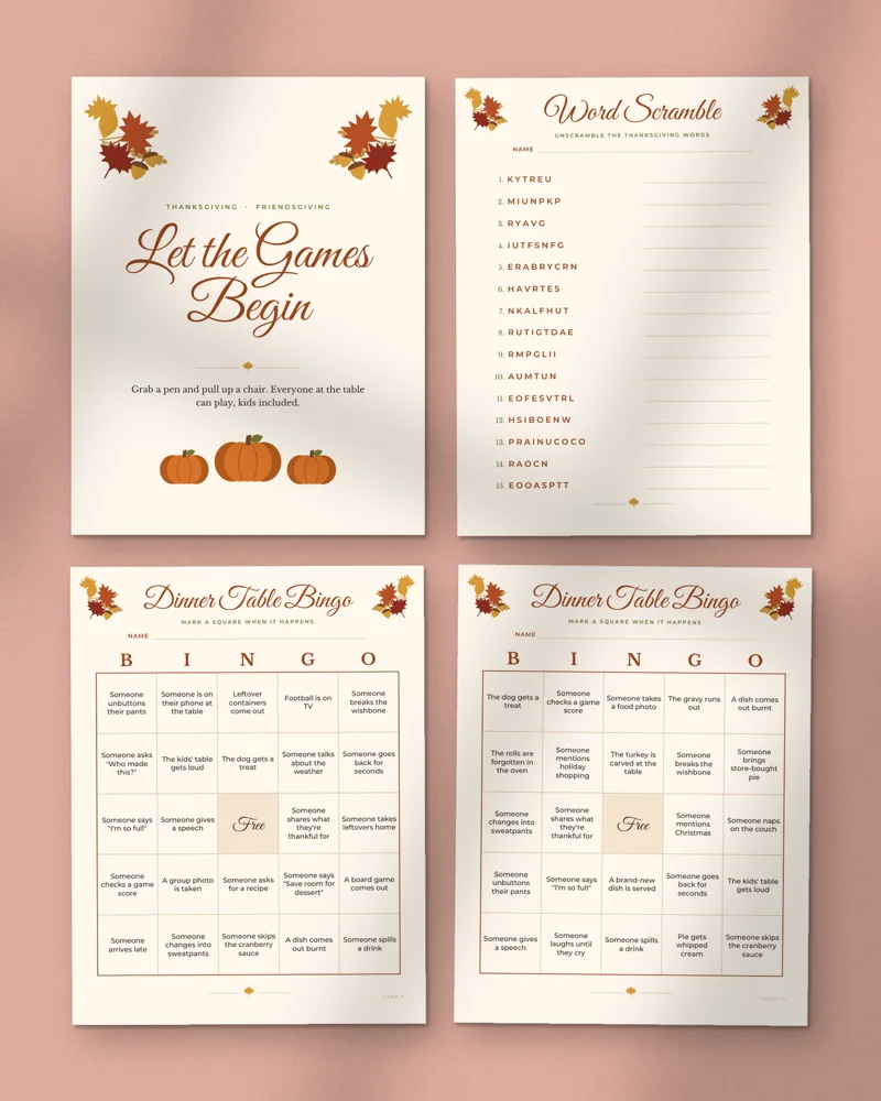 Thanksgiving and Friendsgiving Games Bundle: a selection of the pages inside