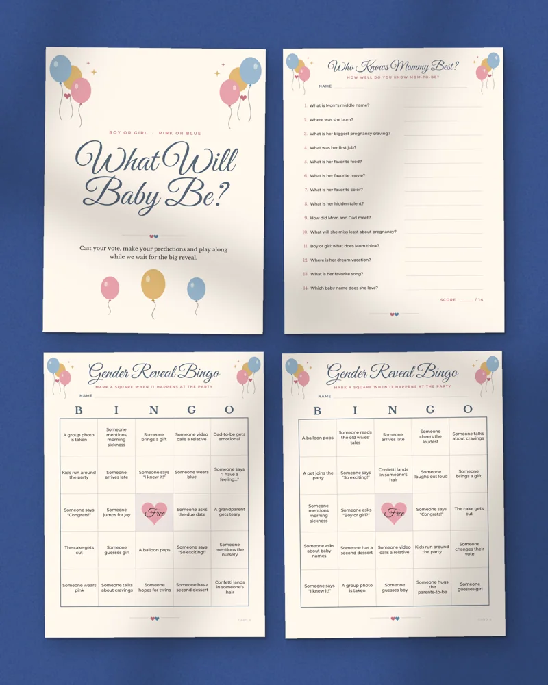 Gender Reveal Party Games Bundle: a selection of the pages inside