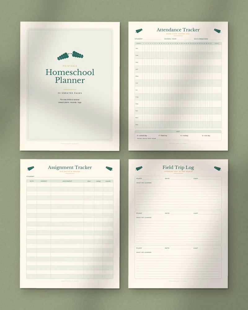 Homeschool Planner: a selection of the pages inside