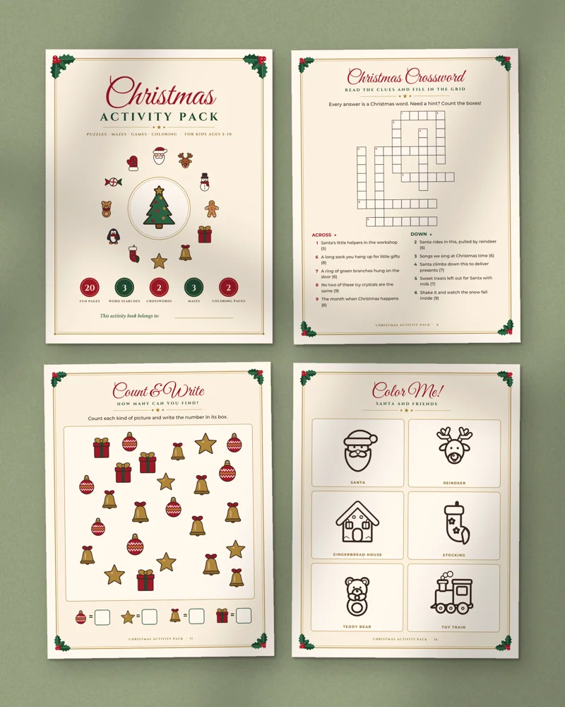 Christmas Activity Pack for Kids: a selection of the pages inside