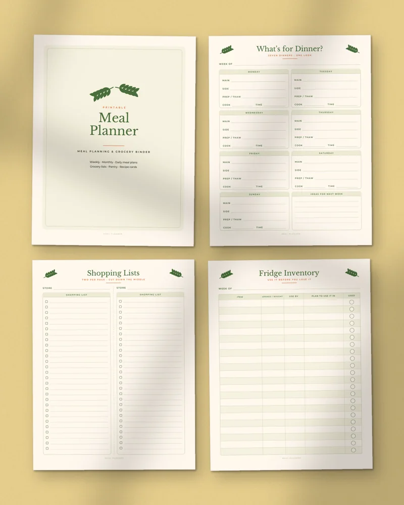 Meal Planner and Grocery List Binder: a selection of the pages inside