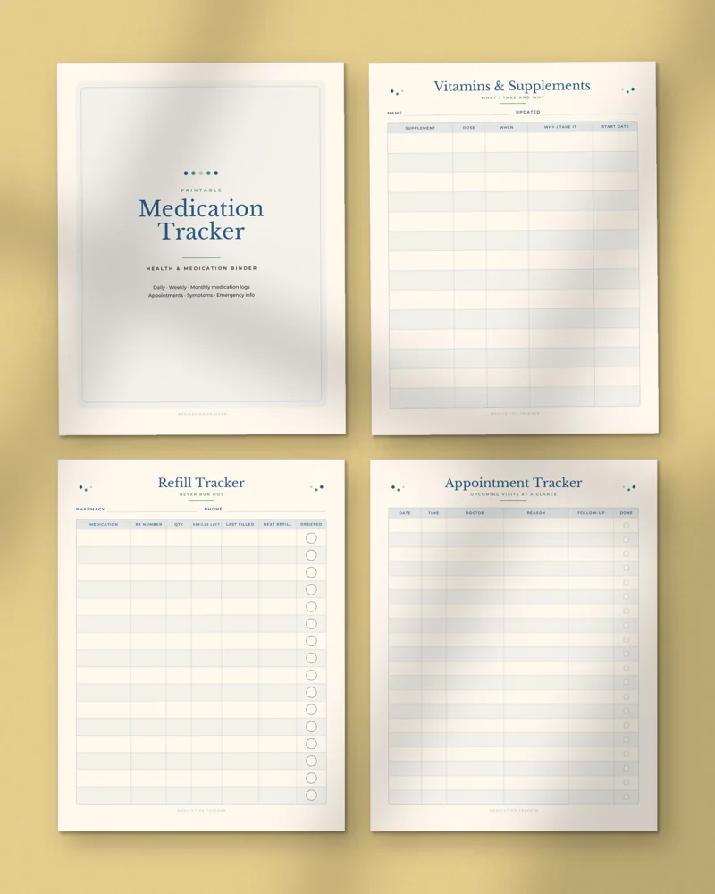 Medication Tracker and Health Binder: a selection of the pages inside