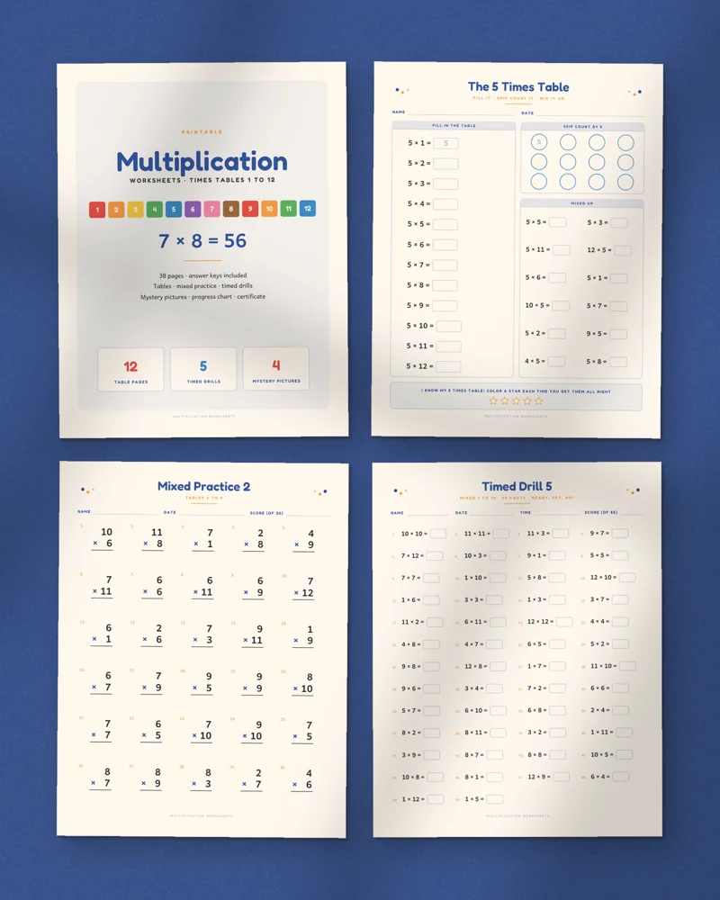 Multiplication Worksheets 1 to 12: a selection of the pages inside