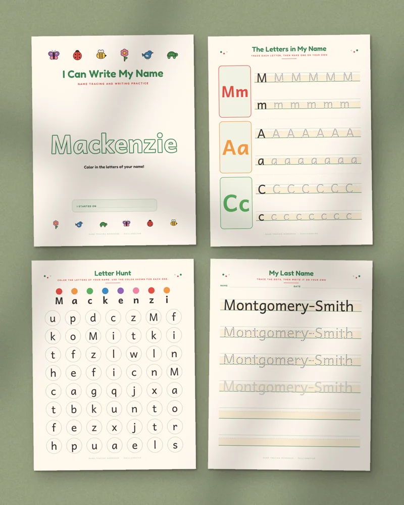 Personalized Name Tracing Worksheets: a selection of the pages inside