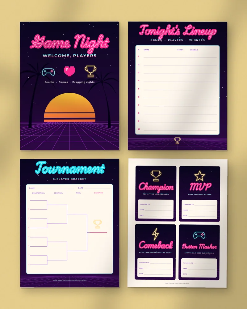 Neon Game Night Party Kit: a selection of the pages inside