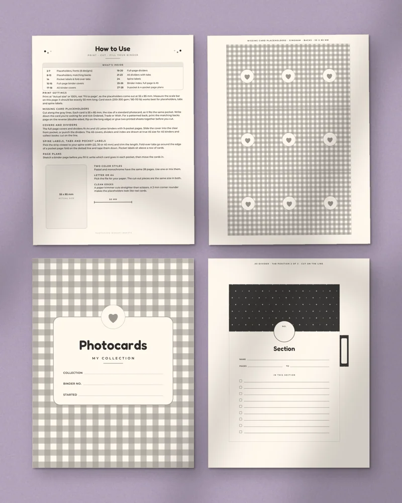 Photocard Binder Inserts and Dividers: a selection of the pages inside