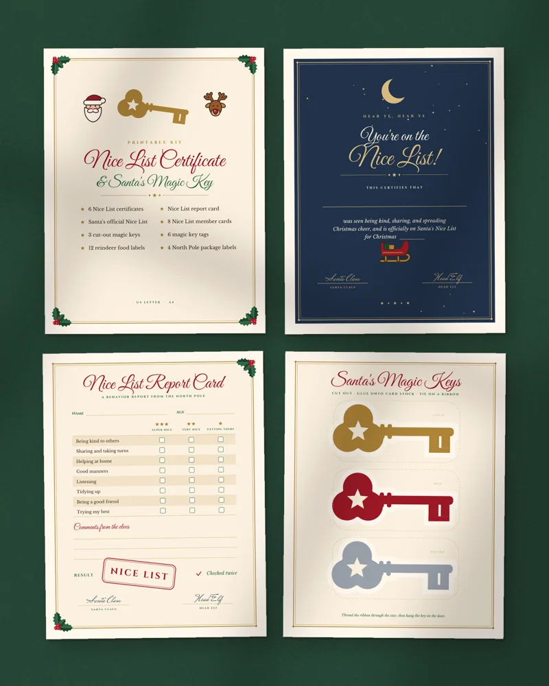 Nice List Certificate and Santa Key Kit: a selection of the pages inside