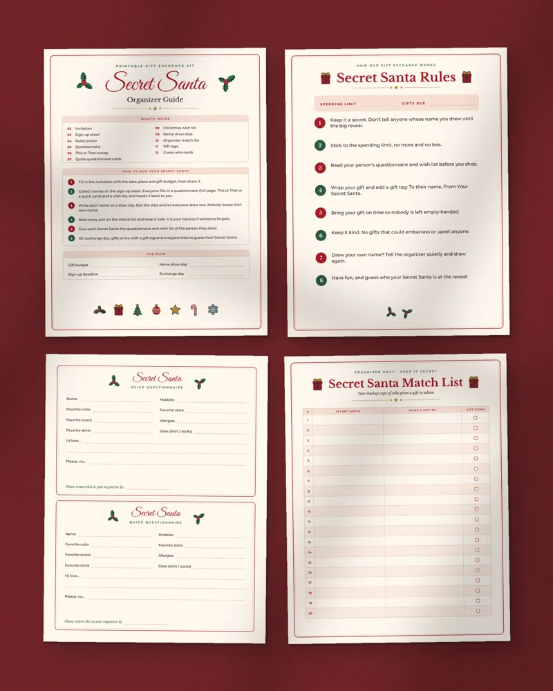 Secret Santa Questionnaire and Gift Exchange Kit: a selection of the pages inside