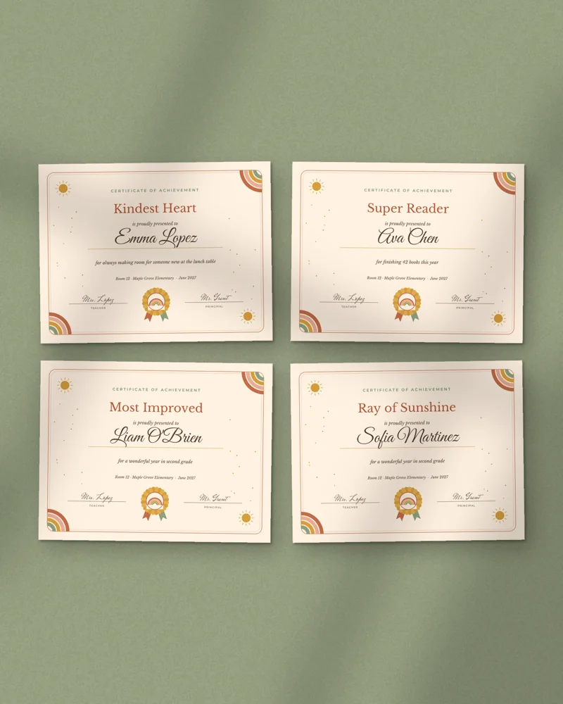 Editable Student Award Certificates: a selection of the pages inside