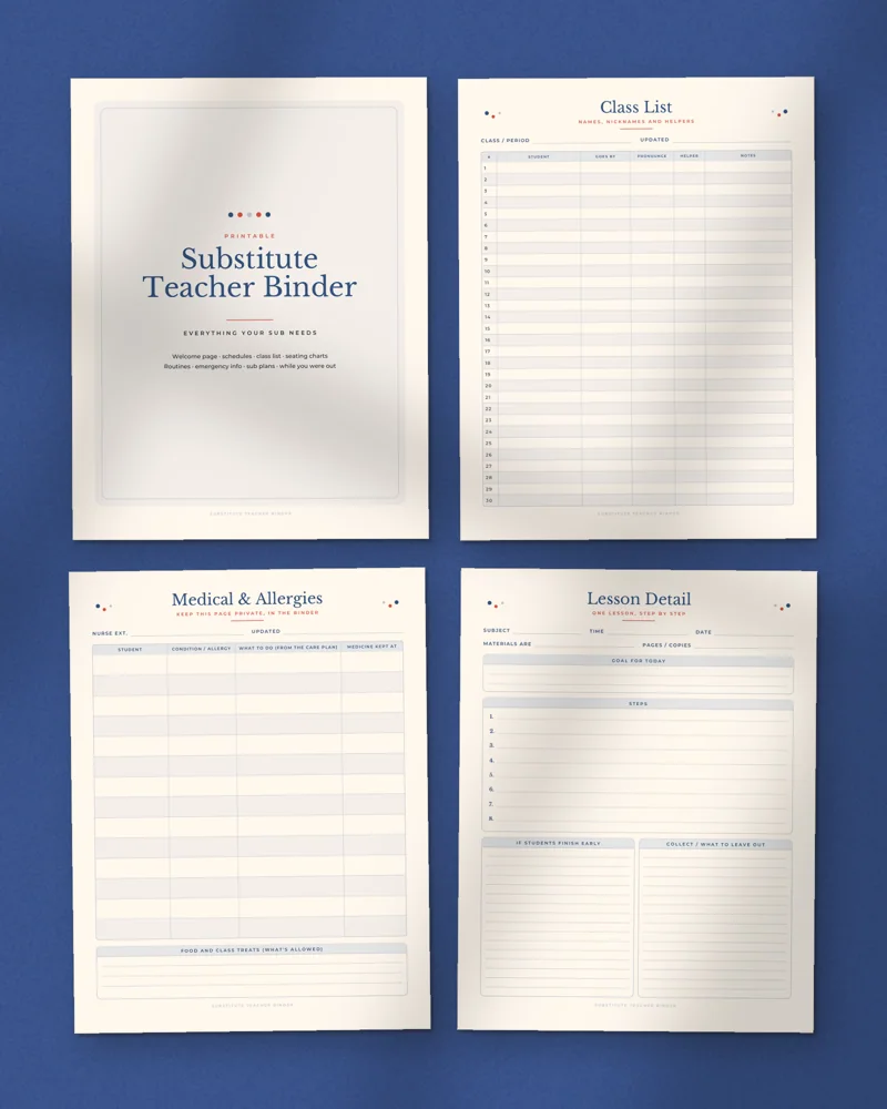 Substitute Teacher Binder: a selection of the pages inside