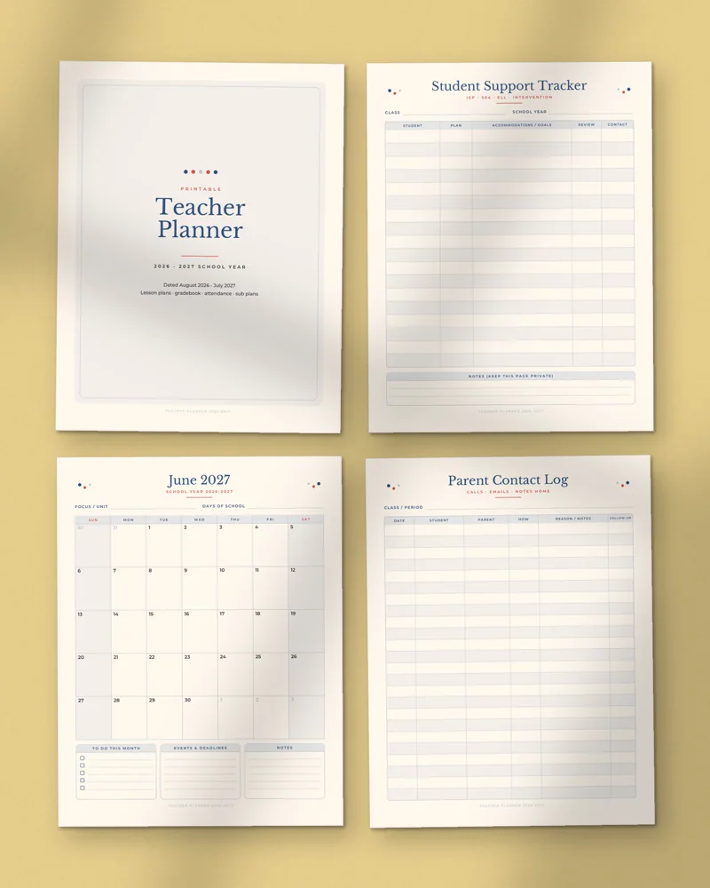 Teacher Planner 2026-2027: a selection of the pages inside