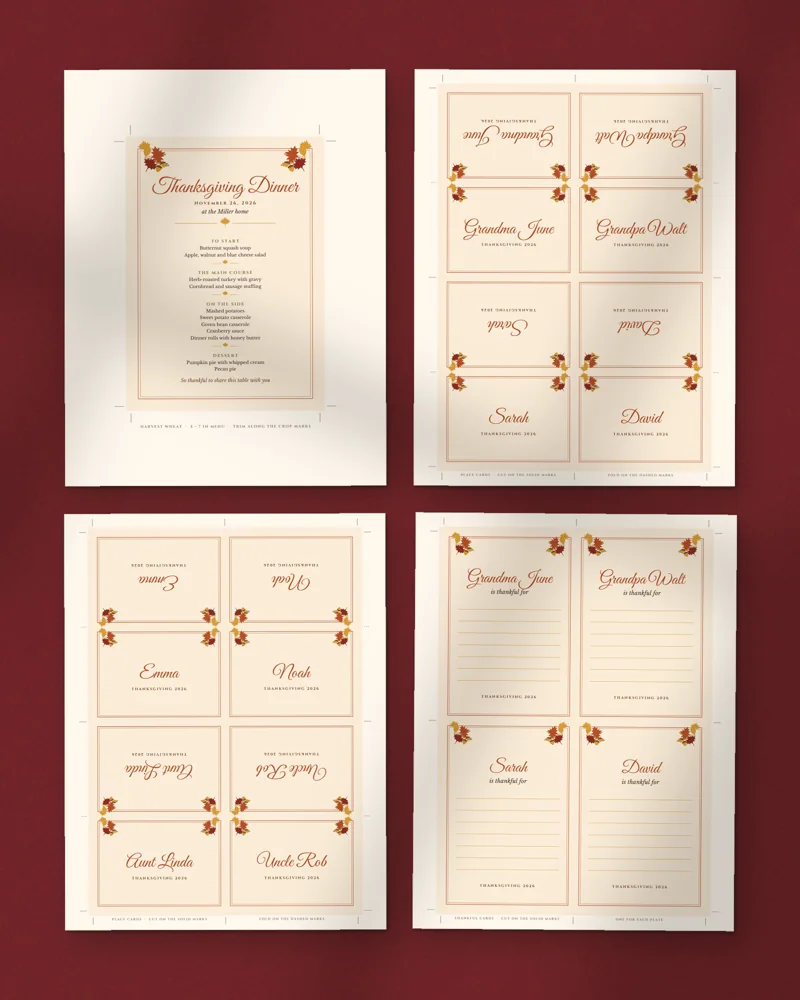 Editable Thanksgiving Menu, Place Cards and Thankful Cards: a selection of the pages inside