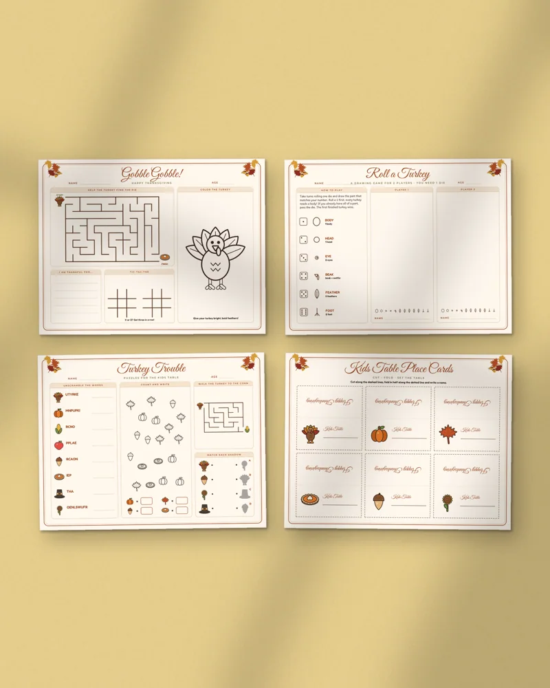 Thanksgiving Kids Activity Placemats: a selection of the pages inside