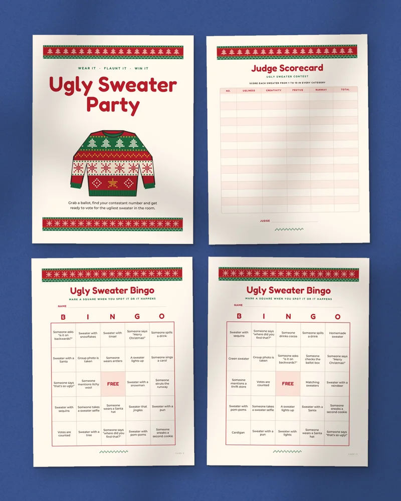 Ugly Sweater Party Games and Contest Kit: a selection of the pages inside