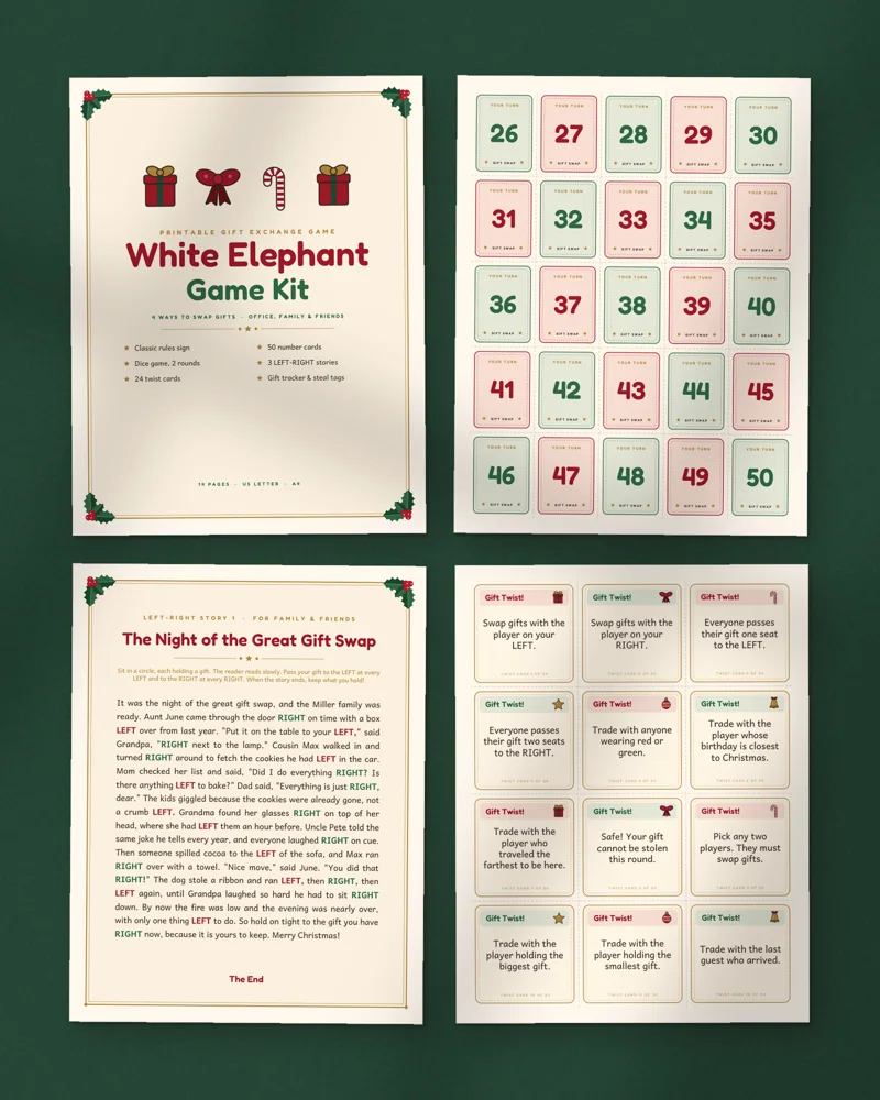 White Elephant Gift Exchange Game Kit: a selection of the pages inside