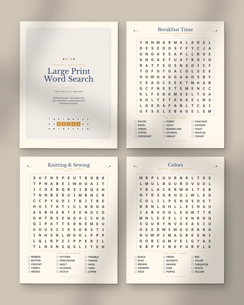 Large Print Word Search for Adults: a selection of the pages inside