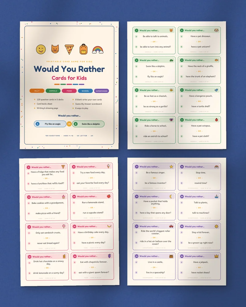Would You Rather Cards for Kids: a selection of the pages inside